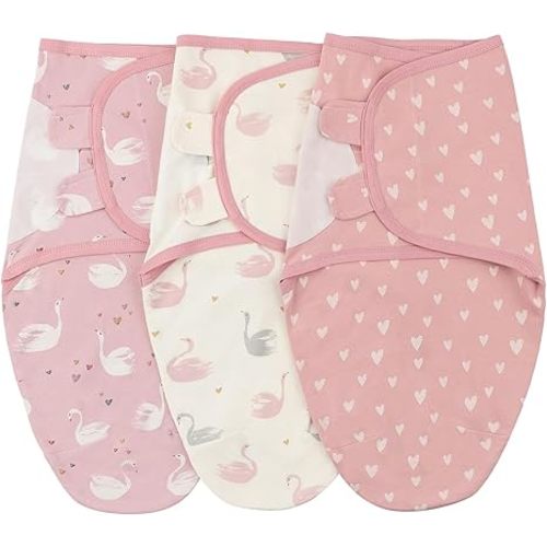 insular Baby Swaddle Wrap, Swaddle Blanket for Newborn and Infant, Adjustable Swaddling Set for Boy and Girl, Soft Cotton Baby Sleep Sack 3 Pack, Pink Swan, Small(0-3Month)