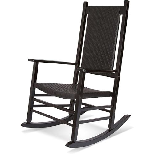 Shine Company Hampton Porch Rocker, High Back Wood Rocking Chair, Rattan Backrest & Seat, Black