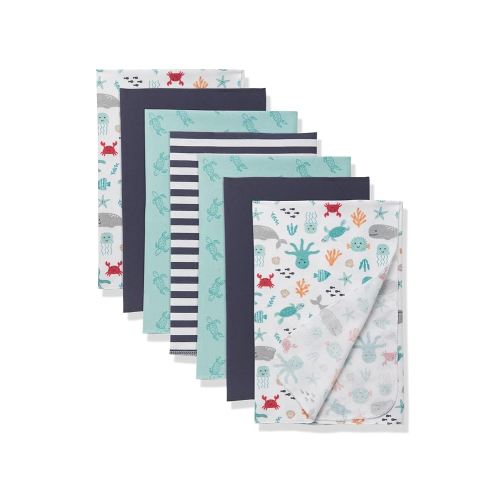 Little Treasure Hudson Baby Cotton Poly Flannel Receiving Blankets Multipack, Blue Sea Characters, 30x30 inches