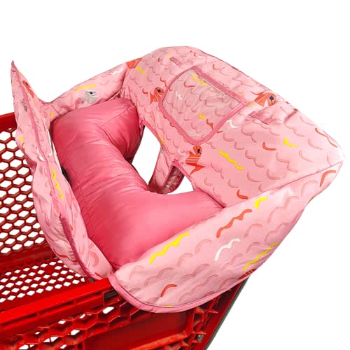 Soft Pillow Attached 2-in-1 Shopping Cart and High Chair Cover for Baby, Cotton Padded Cart Cover, Fold'n Roll Style, Portable with Carry Bag (Pink Fish)