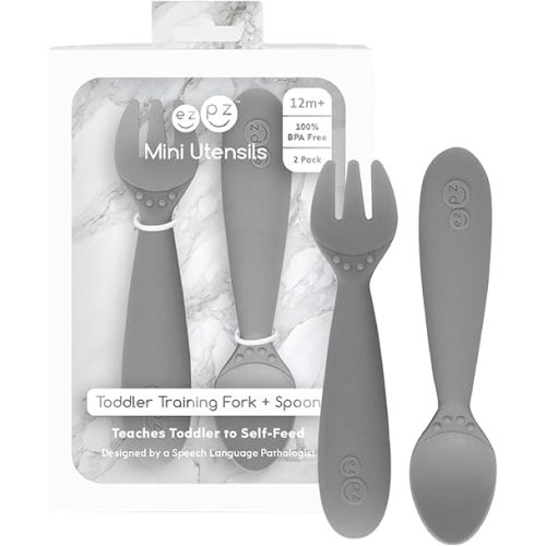 ezpz Mini Utensils - 12 Months+ (Fork & Spoon in Gray) - 100% BPA Free Fork and Spoon - Toddler Utensils - Designed by a Pediatric Feeding Specialist