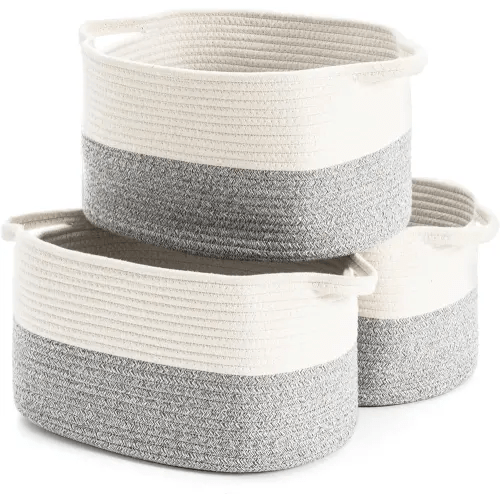 Cotton Rope Woven Storage Basket, Used for Baby Hamper Toy Organizer, Gift Baskets Empty,Kids Laundry Basket,Baby Blanket Basket. Size 15x10x8.7 Inches. (White&Grey-3PCS)