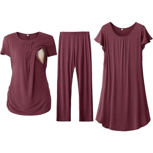 SUNNYBUY 3 PCS Maternity Nursing Sleepwear Set with Nightgown, Top & Pants | 3 PCS Gown & PJS Set, Nursing Dress, Breastfeeding Shirt, Adjustable Pants, Pregnancy to Postpartum