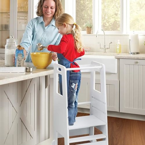 Toddler Tower – Montessori Step Stool for Toddlers with Safety Guardrails, Adjustable Kids Kitchen Stool Helper for Cooking & Learning, White