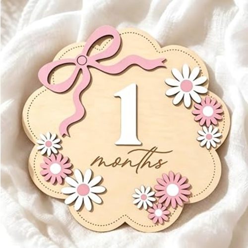 Monthly Milestone Sign with Pink Bow, Wooden Baby Milestone Signs 1-12 Months for Girls, Double-Sided Milestone Baby Sign with Monthly Wood 1-12 Numbers, 3D Monthly Photo Keepsake, Nursery Decor