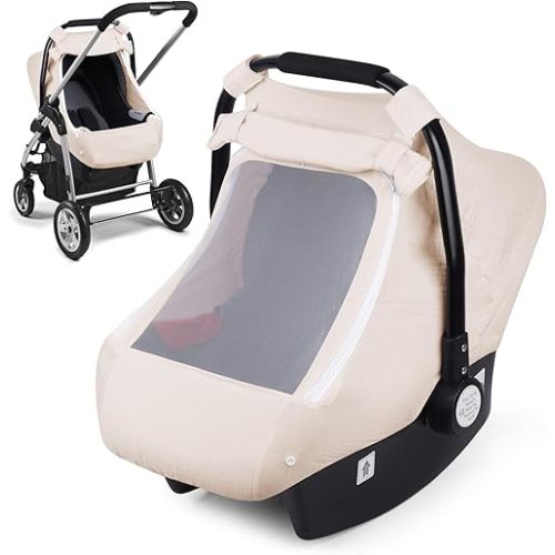Muslin Car Seat Cover for Babies, Elstey Infant Carseat Canopy with Breathable Peep Window, Kick-Proof Baby Car Seat Covers for Boys Girls, Lightweight Newborn Carrier Cover Fit Summer
