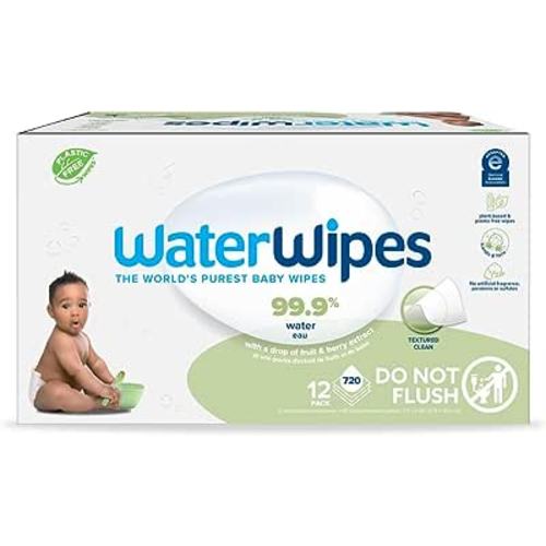 WaterWipes Plastic-Free Textured Clean, Toddler & Baby Wipes, 99.9% Water Based Wipes, Unscented & Hypoallergenic for Sensitive Skin, 720 Count (12 packs), Packaging May Vary : Baby