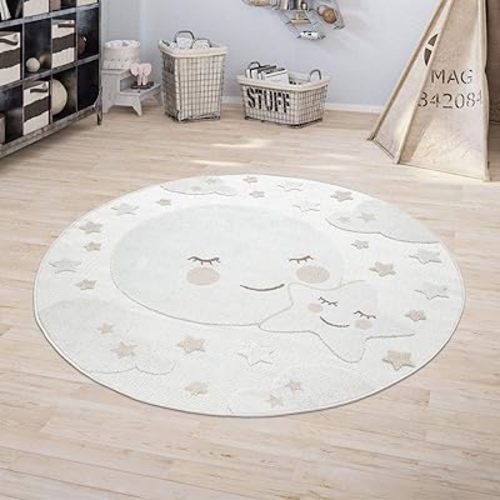Paco Home Kids Rug Charming Moon & Stars in The Night Sky in Cream Beige, Size: 3'11" Round
