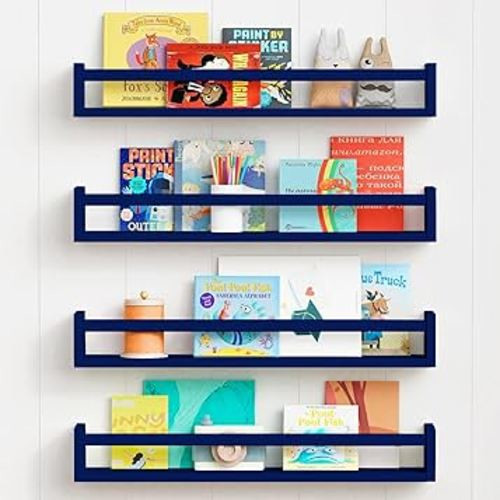 Forbena Wall Book Shelf Organizer for Kids Room Set of 4, Large Floating Bookshelves for Boy Nursery Wall Deocr, 24 Inches Wall Mount Bookshelf for Toddler Child Teen Boys Bedroom (Navy Blue)