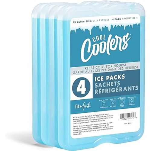 Cool Coolers by Fit & Fresh 4 Pack XL Slim Ice Packs, Quick Freeze Space Saving Reusable Ice Packs for Lunch Boxes or Coolers, Blue, 239ICE, 4 count (Pack of 1)