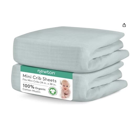 Newton Baby Organic Fitted Mini Crib Sheet (2-Pack) - 100% Breathable and Ultra-Soft, 100% Organic Muslin Cotton, Machine Washable, Fit Any Mini Sized Crib 24" x 38" and up to 8", White