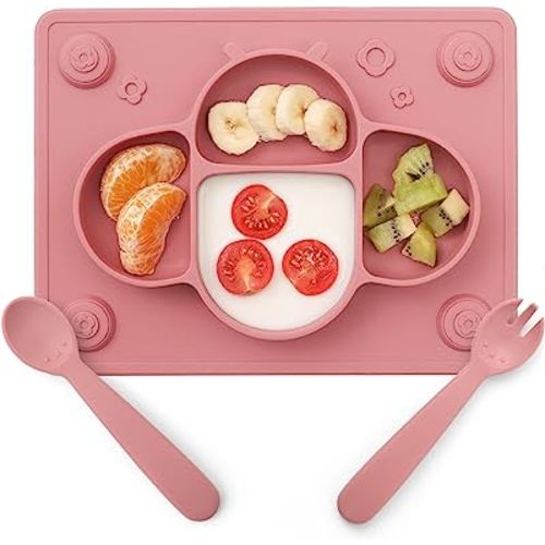 ROCCED Suction Plates for Baby Placemat Spoon Fork Set for Toddlers, Silicone Baby Plates with Suction Baby Dishes for Kids Plates-pale mauve