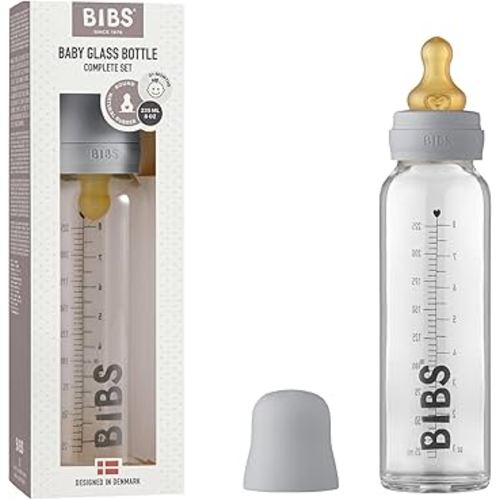 BIBS Baby Glass Bottle. Anti-Colic. Round Natural Rubber Latex Nipple. Supports Natural Breastfeeding, Complete Set - 225 ml, Cloud