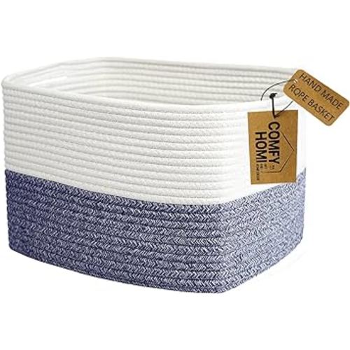 COMFY-HOMI Medium Cotton Rope Basket With Handles for Shelves|Dog Toy|Baby Gift Basket Empty for Organizing|NEW Generation 13.5" x 11" x 9.5" Living Room (Navy Blue)