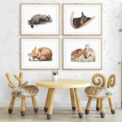 Sleeping Baby Woodland Animal Prints - Set of 4