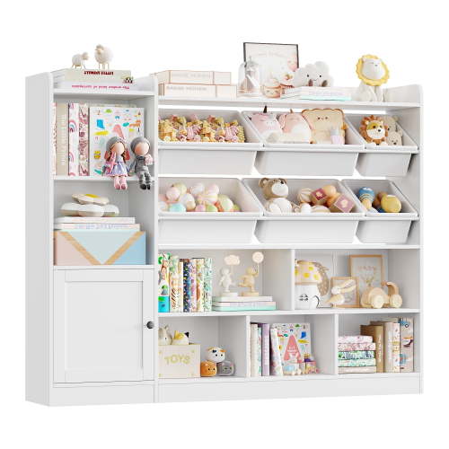 Hiphuta 55"In Kids Bookcase with Toy Storage Organizer, Wood Cube Bookcase Toy Chest of 8 Compartments & 6 Movable Bins, Bookshelf for Kids Bedroom, White