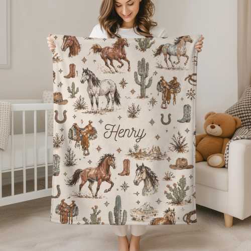 Personalized Baby Name Blanket – Cowboy Baby Blanket for Boy, Western Boy Blanket, Newborn Name Gift, Custom Kids Blanket
