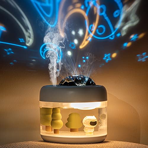 Mini Landscape Humidifier with Night Light & Star Projector, 500ml Desktop Small Air Humidifier with USB Rechargeable, HOACCIR Cool Mist Humidifier for Kids Bedroom, Nursery, Baby Gift - White & Doll