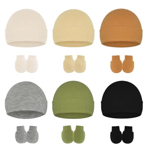 ZURLEFY Stretchy Baby Hats and Mittens, Ribbed Neutral Newborn No Scratch Gloves Beanie Hospital Hat Set for Girls Boys