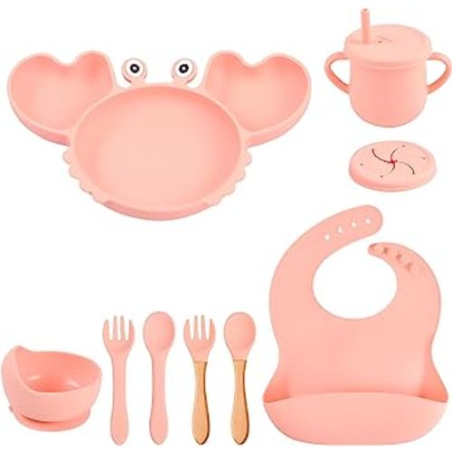 Baby Feeding Set, 9 in 1 Silicone Toddler Weaning Set- Adjustable Bib, Crab Pattern Divided Plate, Sucking Bowl, 2 Pairs of Feeding Spoons and Forks, Snack Cup, Drinking Cup for Babies and Toddler