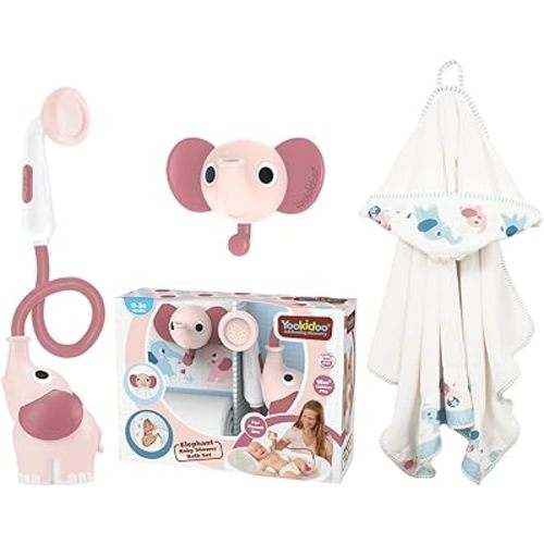 Yookidoo Baby Bath Elephant Shower Head Gift Set - Includes Hooded Towel & Hanger - Control Water from 2 Elephant Trunk Knobs for Max Fun in Tub or Sink Newborns, Toddlers, Boys, Girls (Blush Pink)
