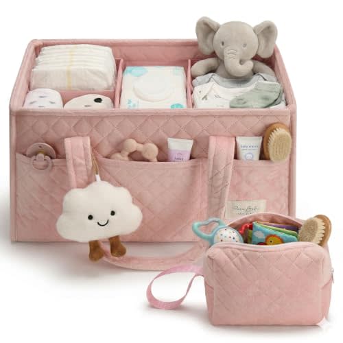 Baby Diaper Caddy Organizer, Baby Basket Shower Gift, Portable Changing Table Basket, Postpartum Caddy & Tote Bag Pouch, Newborn Boy & Girl Nursery Essentials Registry, Car Diaper Organizer