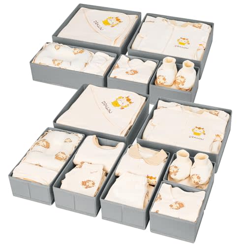 DIMJ Drawer Organizer Clothes 12 Pack - Foldable Baby Organizers and Storage & Dresser Organizer for Bedroom, Closet - Nursery Organization Dresser Dividers for underwear, Sock,Bra, Belt, Tie, Gray