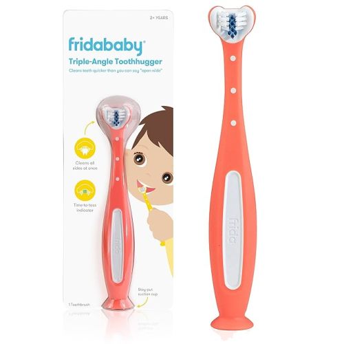 Frida Baby Triple-Angle Toothhugger Training Toddler Toothbrush | Toddler Toothbrush 2 Years and Up, Cleans All Sides at Once | Pink - 1 Count (Pack of 1)