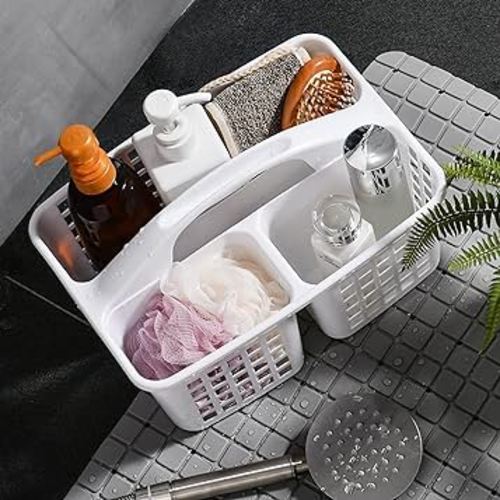 3 Compartments Plastic Shower Caddy Basket, Portable Divided Cleaning Supply Storage Organizer with Handle (White)