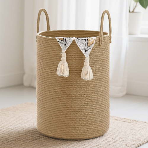 Large Woven Laundry Basket Hamper With Handles,60l Cotton Rope Storage Bin For Blankets,Toys And Clothes,Wicker Laundry Basket For Living Room,Baby Nursery,Bathroom And Bedroom,Grass Yellow.