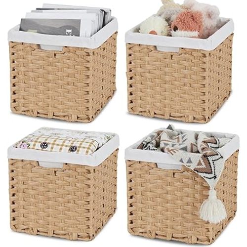 Bidtakay Wicker Storage Baskets with Liners 11x11 Storage Cube Bins with Handles Imitation Water Hyacinth 4-Pack Waterproof Woven Storage Baskets for Organizing Rattan Baskets Organizer-Natural
