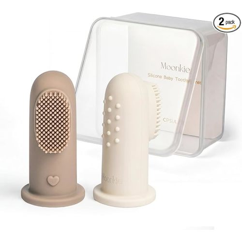 Moonkie Baby Toothbrush Finger Toothbrush Oral Cleaner Kit for 3 Months +, 2 Pcs (Warm Taupe/Ivory)