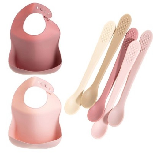 Silicone Baby Feeding Set, Silicone Bib & Spoons, Pink,