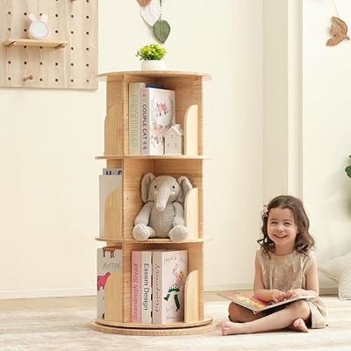3 Tier Rotating Bookshelf Tower, Montessori Bookshelf Storage Rack with Kids, Large Chassis 360 Display for Small Space, Kids Room, Nursery