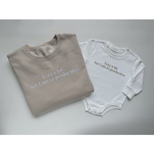 Embroidered "I Cry A Lot But I Am So Productive" Matching Beige Mom and Toddler Sweatshirts and Baby Bodysuits, Taylor Swift Crewneck