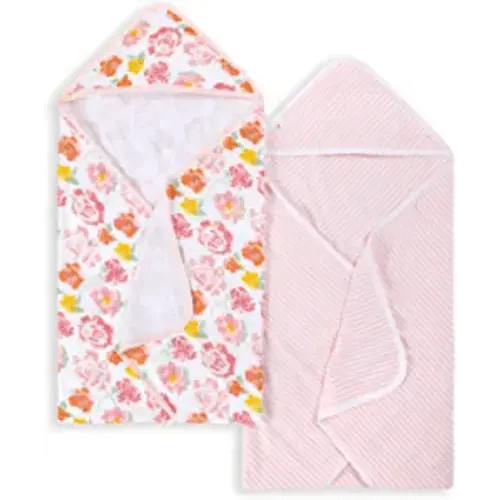 Burt's Bees Baby - Hooded Towels, Absorbent Knit Terry, Super Soft Single-Ply, 100% Organic Cotton 2 Pack), Rosy Spring, 2 Pack - 2-Pack