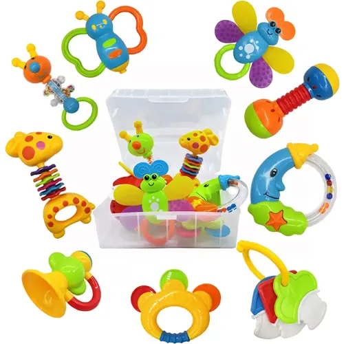 9pcs Baby First Rattle Teether Toy Gift Set with Storage Box for Infant Newborn Baby Boy 0 3 6 9 12 18Month Blue