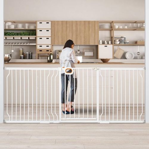 owlie Baby Gate Indoor 75-85 Inch, Extra Wide Safety Gate for Dogs Large Stairway Gate Adjustable Baby Gates Pressure Mount Wide Gates for Pet Stairway Doorways No Drilling White (30.5'' Tall)