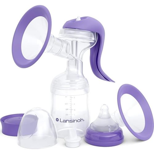 Lansinoh Manual Breast Pump, Breast Feeding Hand Pump with Comfortable Flange, Includes 5oz Baby Bottle with Slow Flow Nipple, Breastfeeding Essentials