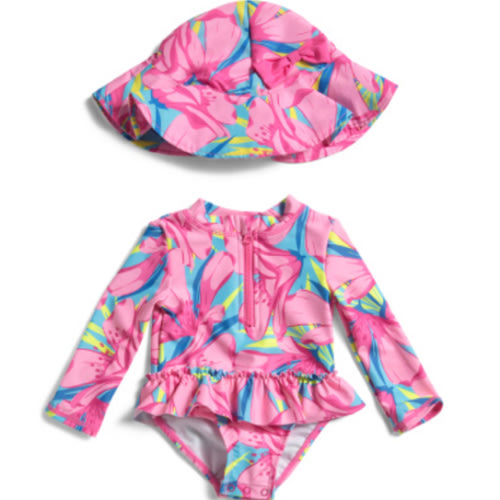 Infant Girls Rash Guard One-piece Swimsuit With Matching Bucket Hat | Kids' Swimsuits | T.J.Maxx