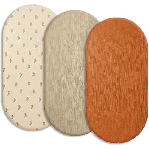 Soft Muslin Bassinet Sheets 32" x 18", Baby Bassinet Mattress Fitted Cover, Fit for Halo, Fisher Price, Delta, Graco, Oval Bassinet or Cradle, for Girl or Boy（Rainbow & Orange & Khaki）