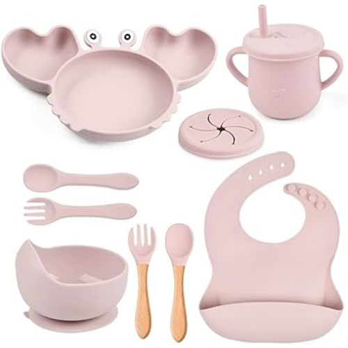 Silicone Baby feeding set |10 Pcs Premium BPA-Free,Baby Lid Weaning Supplies with Suction plate and Bowl Set,Toddler self feeding Utensils with Spoons,Forks,Bib,Cup|Baby feeding essentials for6+Months