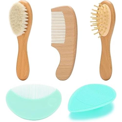 Goat Baby Hair Brush Set, Wooden Comb Massage Scalp Comb, Safe Natural Hair Care Kit, Soft Silicone Bath Brush for Newborns Toddlers (Brush Set+ Green Massager)