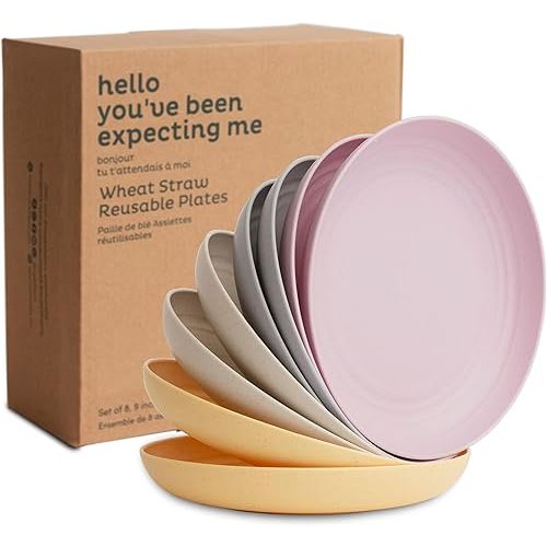 Nook Theory Reusable Wheat Straw Plates 8 Pcs - Non Toxic Kids and Toddler Plate, Microwavable, Dishwasher Safe and Unbreakable Dinnerware (Pastel 9")