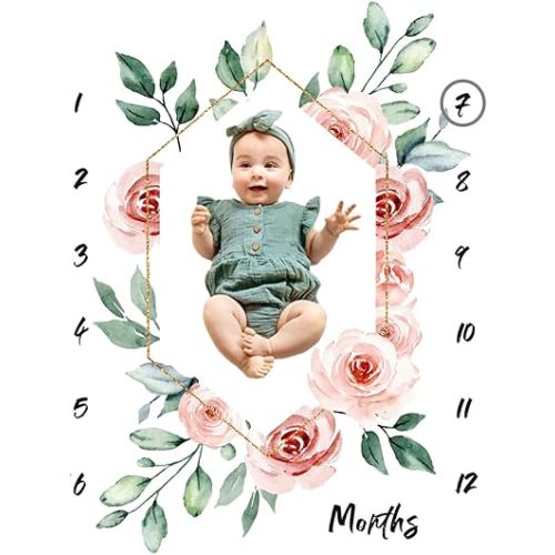 Baby Monthly Milestone Blanket for Boy & Girl, Monthly Photo Blanket - Greenery Plants, 40" x 60