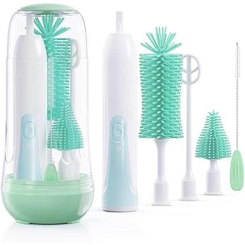 Festiva Electric Bottle Brush Cleaner - Baby Bottle Brush Set with Bottle Brush, Mixing Head, Nipple & Straw Brush, Baby Travel Essential, (Green)