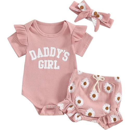 Tsnbre Newborn Baby Girl Clothes Daddys Girl Short Sleeve Romper Floral Shorts Headband Infant Summer Outfits