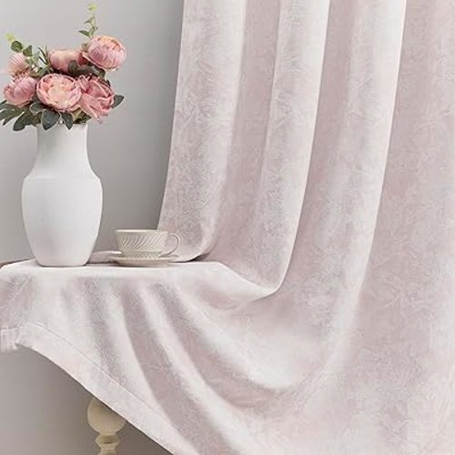 Beauoop Pink Floral Jacquard Blackout Curtains 72 Inches Long 2 Panels for Girls Bedroom Living Room Chenille Flower Room Darkening Thermal Insulated Soundproof Grommet Window Treatments Drapes, 52x72