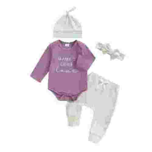 Infant Baby Girl Fall Outfit, Long Sleeve Romper + Elastic Waist Pants + Hat + Headband 4 Piece Clothes Set