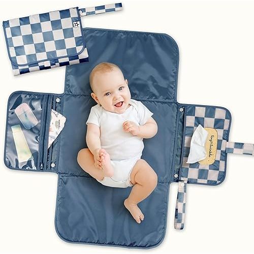 Tiny Twinkle Portable Diaper Changing Pad | Waterproof, Wipeable & Compact Baby Changing Pad for Travel | Smart Wipes Pocket & Organized Storage| Newborn Shower Gift (Blue Checkers)